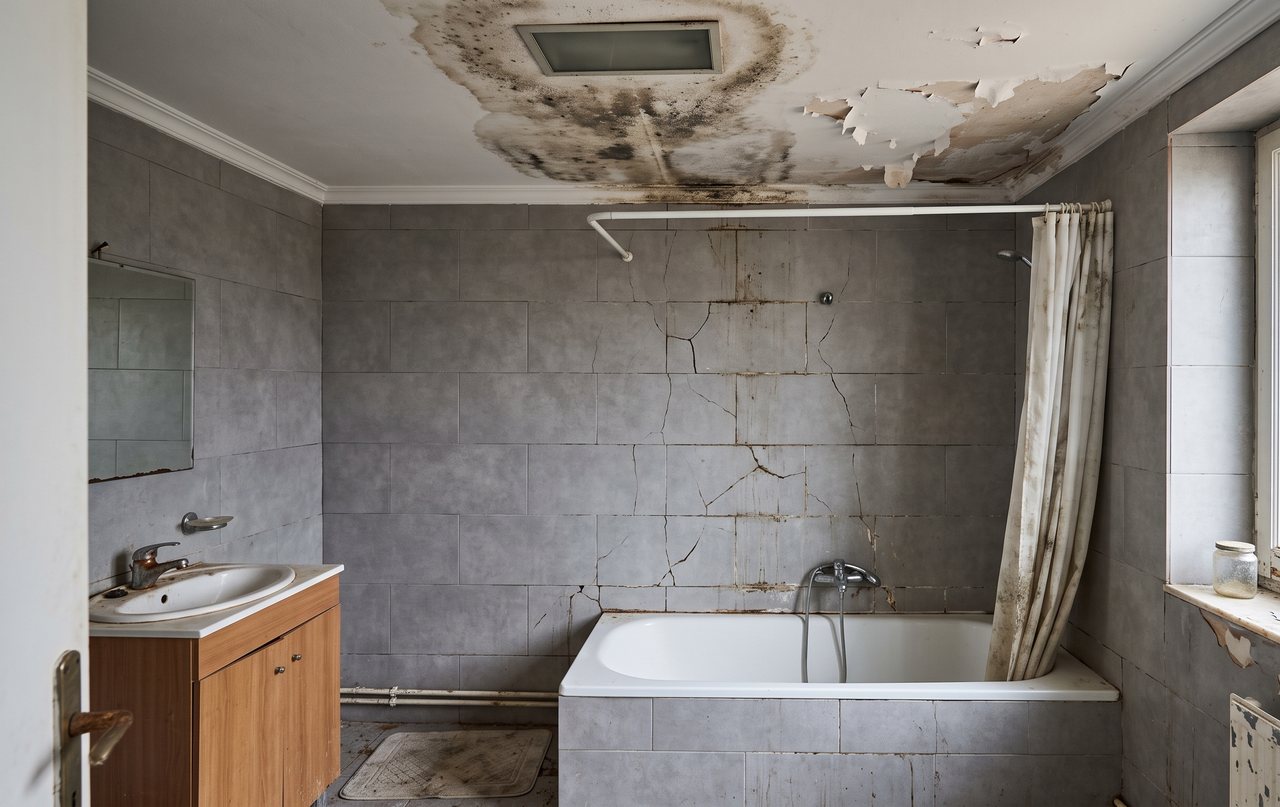 Baño con humedad en el techo y azulejo agrietado antes de la reparación