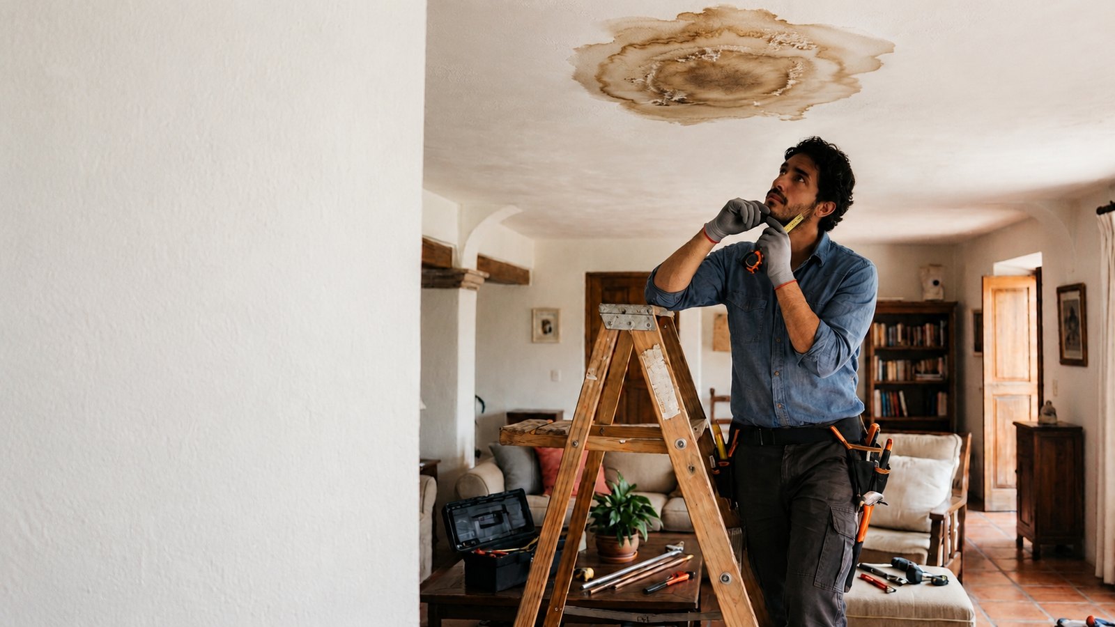 Técnico revisando una filtración en el techo de una vivienda