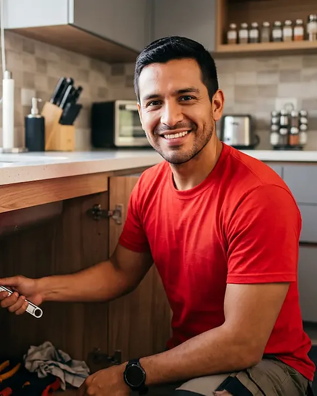 Técnico trabajando bajo el fregadero de una cocina